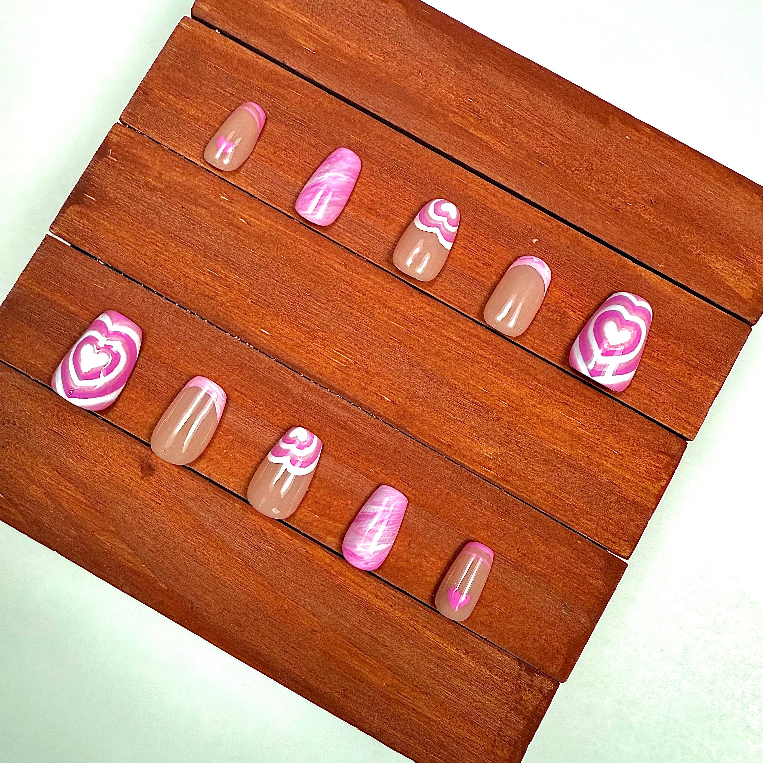Pink Marble Heart Press-On Nails