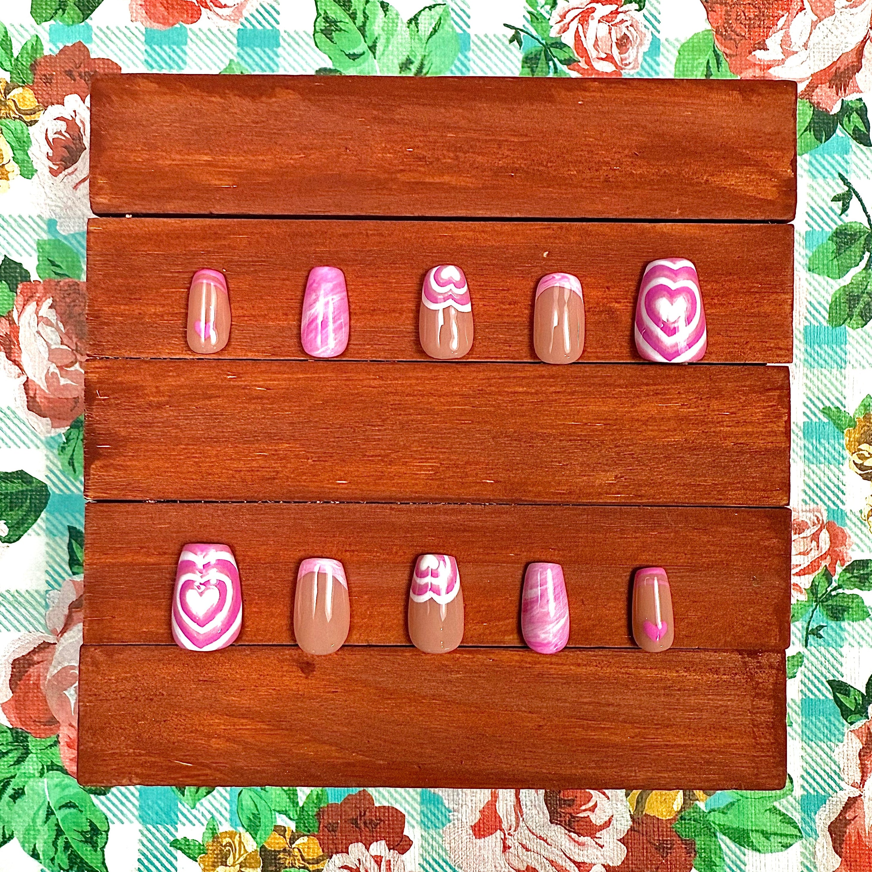 Pink Marble Heart Press-On Nails
