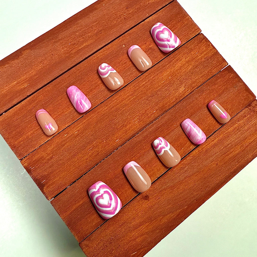 Pink Marble Heart Press-On Nails